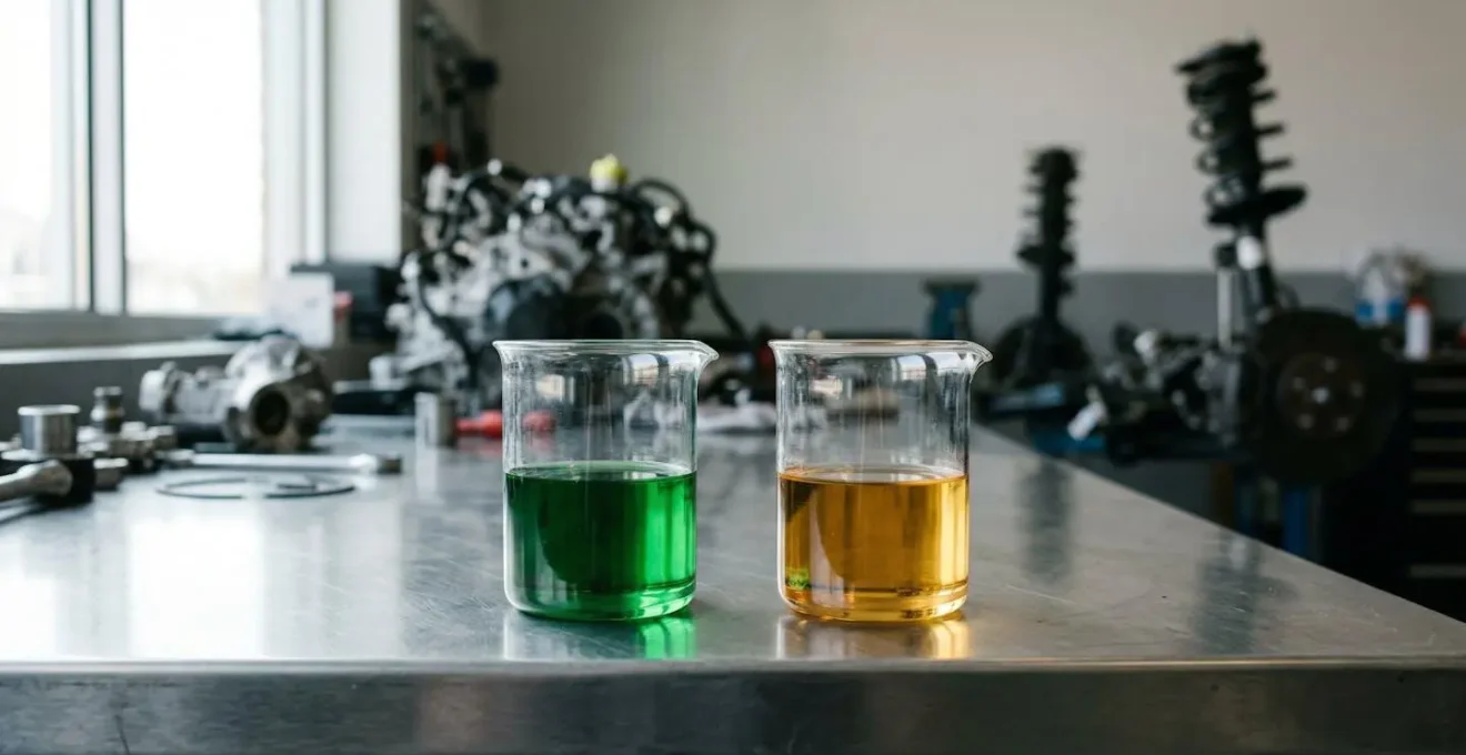 Comparaison visuelle entre liquide LHM vert et liquide de frein DOT ambré