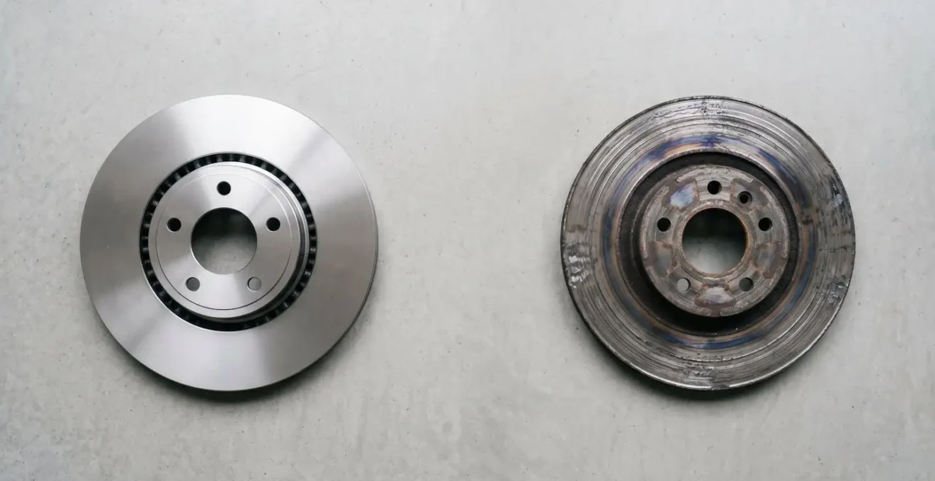 Comparaison visuelle entre un disque de frein neuf, lisse et brillant, et un disque de frein endommagé, couvert de profondes rayures et de marques de surchauffe.