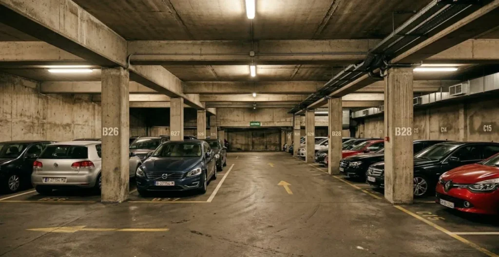 Parking souterrain résidentiel avec voiture garée pour protection assurance